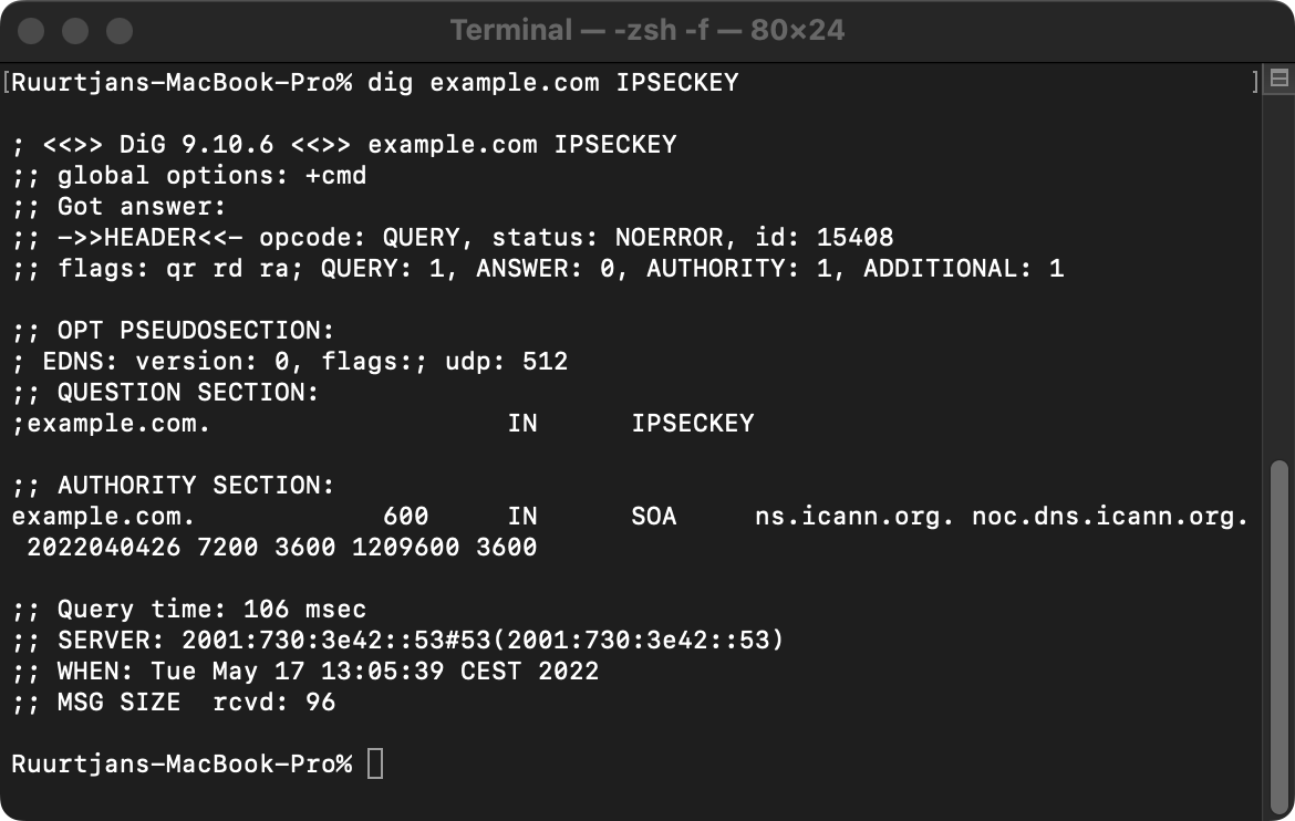 Example output of a IPSECKEY lookup query
