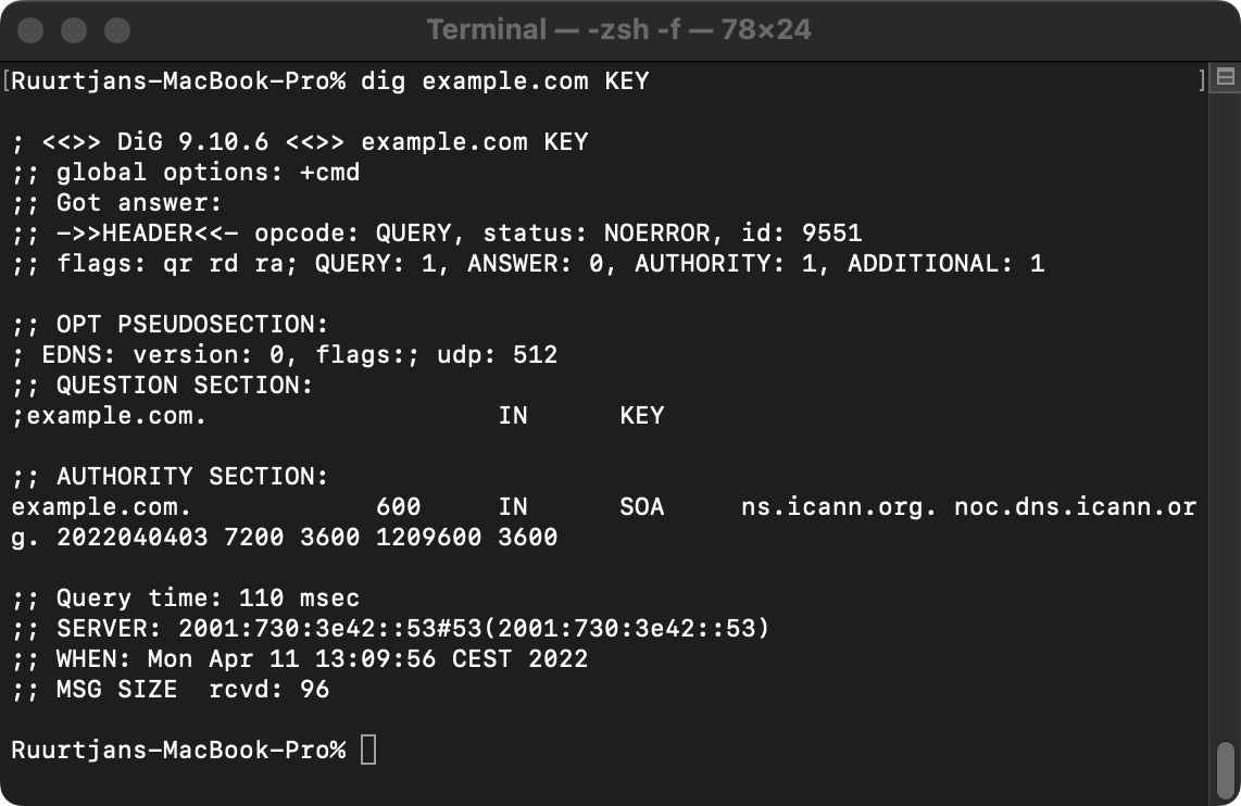 Example output of a KEY lookup query